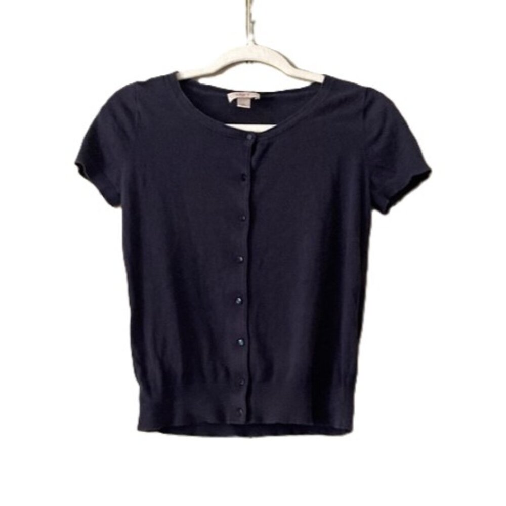 100% Cotton Button-Up Cardigan | XS | Navy Blue | Ann Taylor LOFT